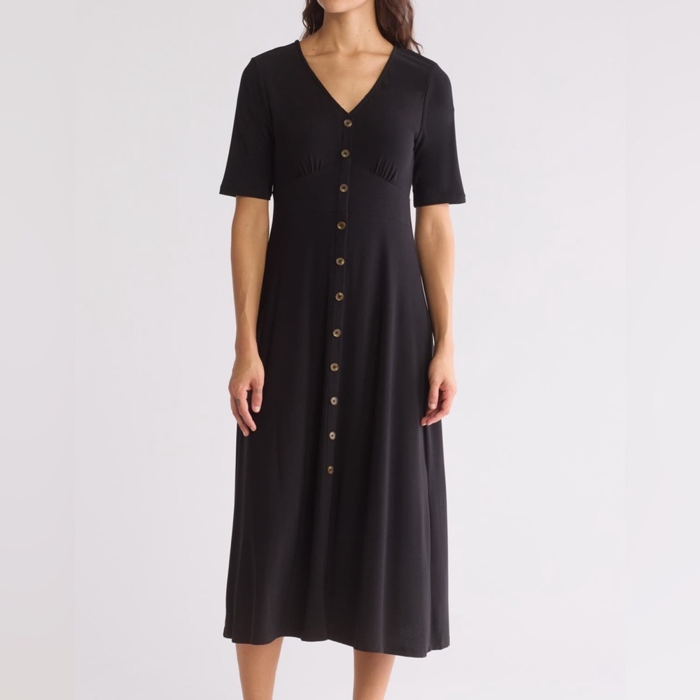 Halogen short Sleeve Button Front black Midi Dress/size L